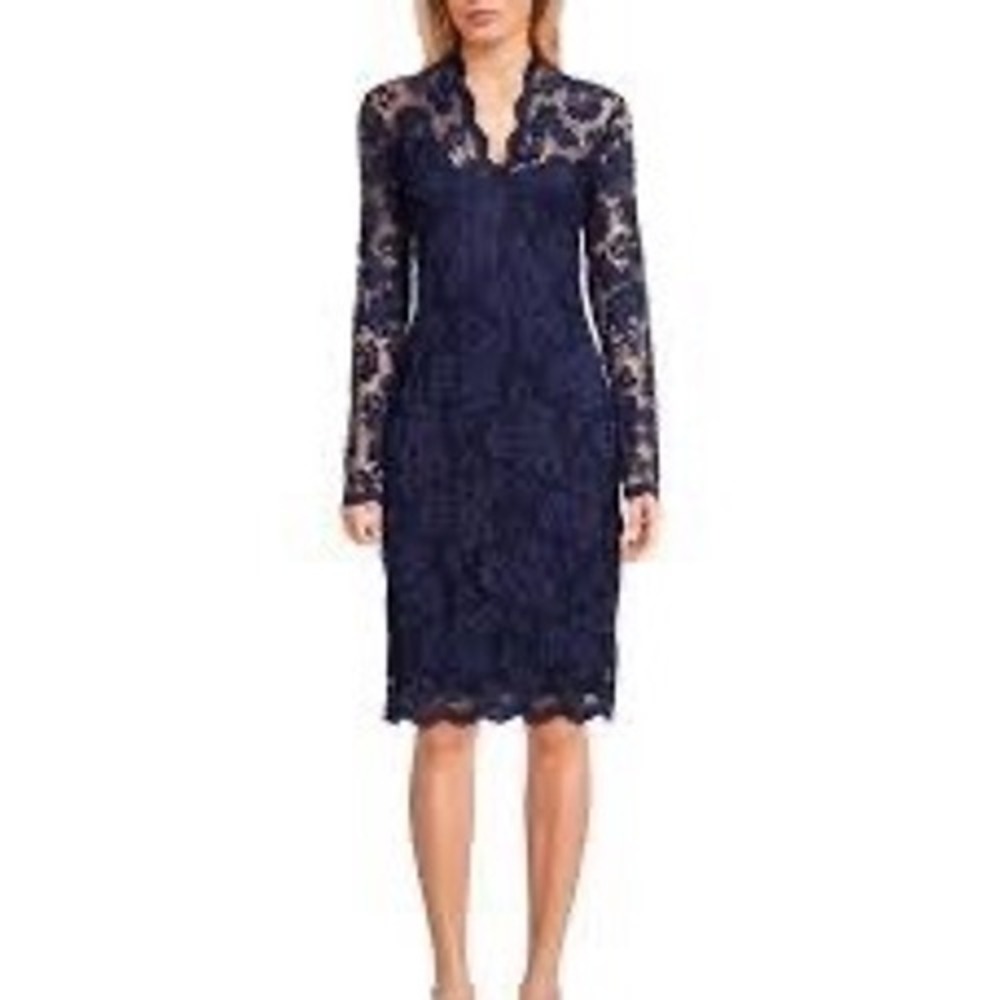 Marina Navy Blue Sequin Floral‎ Lace Sheath Dress Long Sleeve V-Neck Scalloped